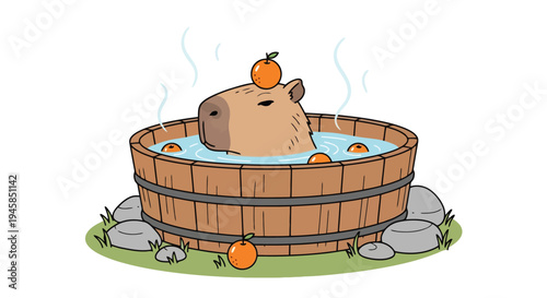 Cute Capybara Relaxing in a Hot Spring with Oranges.