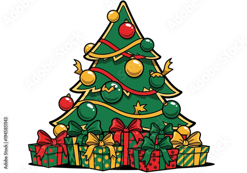 A colorful Christmas tree decorated with ornaments and ribbons surrounded by wrapped gifts against a plain white background