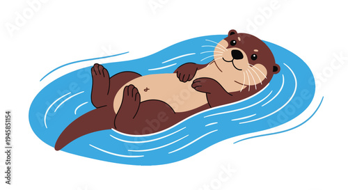 Cute cartoon otter floating on its back in blue water.
