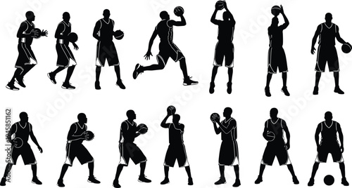 Silhouette illustration of basketball players in multiple dynamic poses including dribbling, shooting, passing, and jumping, symbolizing sports, fitness, teamwork, co