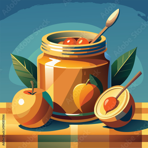Still life of a glass jar with fruit preserves. apples. and peaches on a table.