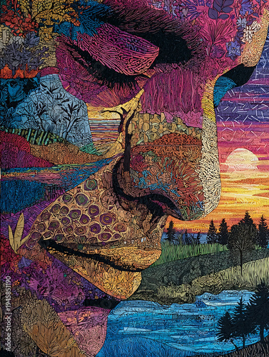 Wallpaper Mural Vibrant Abstract Human Face Profile Filled with Colorful Nature Scenes and Psychedelic Mosaic Art Torontodigital.ca