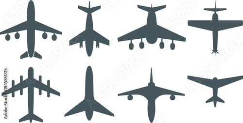 Airplane silhouettes top view collection, various aircraft and jet planes isolated on white background, aviation transport vector