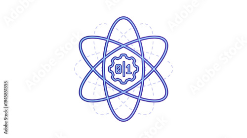 A glowing neon atom-like structure with orbits encircling a central cogwheel featuring binary digits, symbolizing advanced quantum computing and AI concepts.