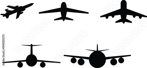 Airplane silhouette collection, commercial passenger aircraft icons set, aviation transport vector illustration isolated design