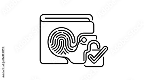 Outline icon depicting secure digital wallet access achieved through successful biometric fingerprint authentication verification