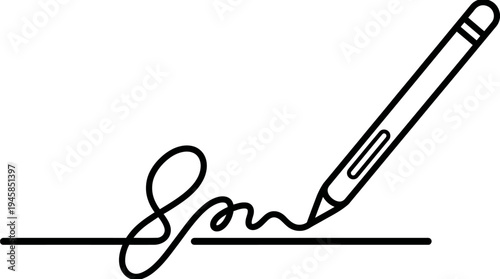 A simple line art illustration depicting a pencil actively writing an abstract signature on a horizontal line, symbolizing agreement or authorization.