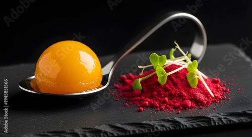 Gourmet dessert with orange mousse and microgreens