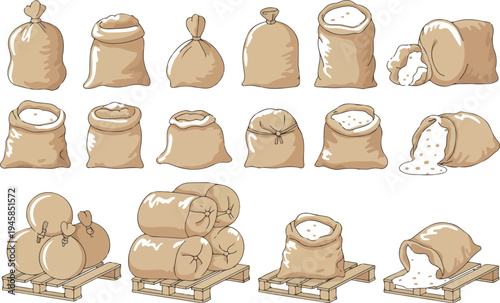burlap sack and grain bag vector set featuring open closed and palletized flour sacks for agriculture and bakery branding,