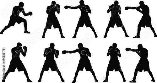 Silhouette illustration of boxers in diverse fighting stances and punching positions, showcasing jabs, crosses, and defensive moves, symbolizing martial arts, fitness, combat sports, and discipline.