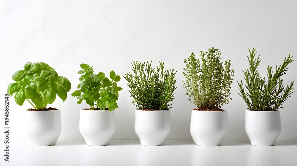 Fototapeta premium Five Potted Herbs Lined Up In A Row On A White Surface.