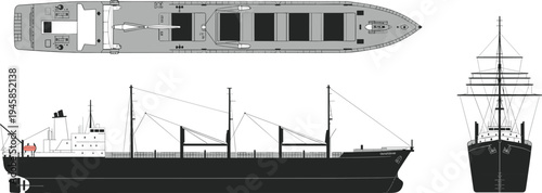 Cargo ship blueprint illustration, industrial freight vessel with top side and front views isolated on white background