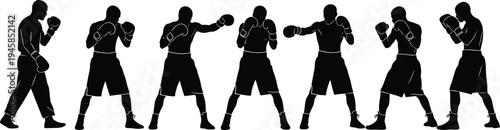 Silhouette illustration of a boxer performing training movements, showing punches, guard positions, and footwork, symbolizing sports, fitness, martial arts, discipline, and athletic performance.