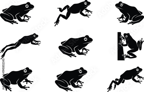 Collection of black frog silhouette vector icons featuring various poses including jumping, sitting, climbing, and swimming for nature wildlife and pond life designs