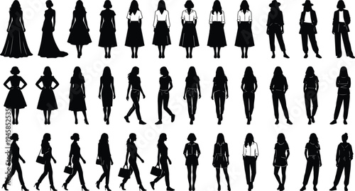 Black and white fashion silhouettes of women in various poses wearing dresses skirts pants and professional attire for diverse lifestyle and clothing design