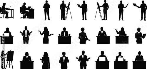 Silhouette illustration of professionals in office activities such as working at desks, presenting, discussing, and using tools, symbolizing teamwork, communication, business roles, 