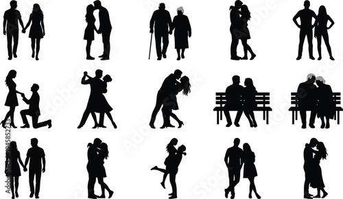 Romantic Couple Silhouettes Set Featuring Lovers Kissing Hugging Proposing Dancing and Walking Together Collection for Valentine Day Wedding Anniversary and Relationship Vector Design