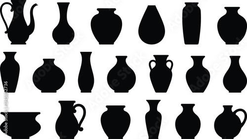 Set of diverse ceramic pottery vase silhouettes black minimalist clay vessels icons collection of various antique greek amphora jars and modern decorative pottery shapes