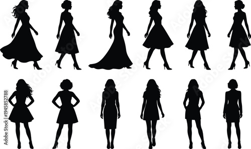 Collection of Fashion Woman Silhouettes Featuring Elegant Girls in Evening Gowns Dresses and High Heels Walking and Standing Poses for Vector Graphic Design
