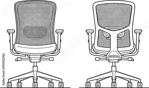 Ergonomic mesh office chair front and back view technical line art illustration isolated design for workspace furniture blueprint or assembly guide concept vector