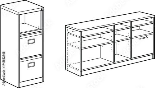 Set of office furniture line icons including a vertical two drawer filing cabinet and a horizontal storage sideboard unit with shelves and cupboards