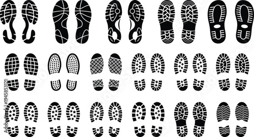 Collection of shoe sole footprints silhouettes vector set different sneaker boot tread marks isolated black shoe prints for track and design