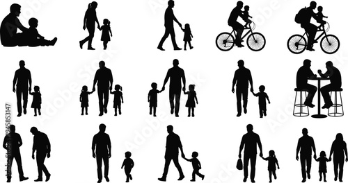 Silhouette illustration of adults and children interacting in everyday activities such as walking, cycling, sitting, and conversing, symbolizing parenting, mentorship, guidance, companionship, anctio