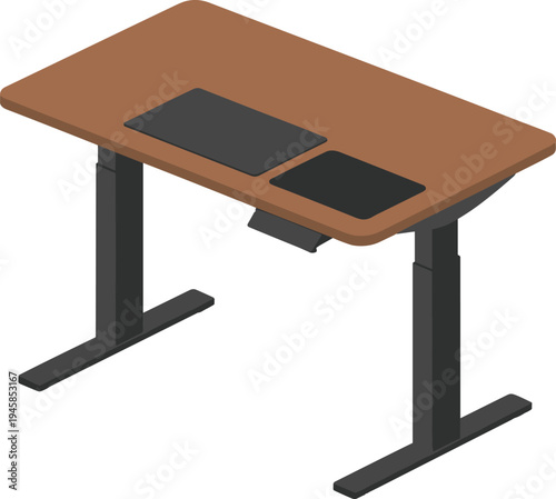 Modern adjustable standing desk workstation vector illustration ergonomic office furniture sit stand table with mouse pad and keyboard mat workspace design