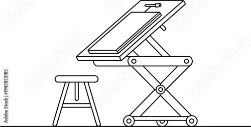 Adjustable ergonomic drafting table with stool line art vector illustration artist workspace furniture drawing desk isolated minimal design concept