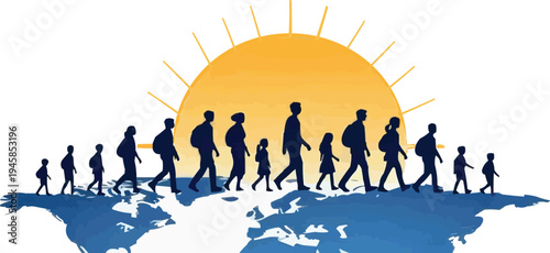 Global Family Journey — Silhouettes Walking Across World Map at Sunrise