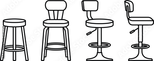 Bar stool collection line art set including classic wooden stool swivel adjustable chair and backrest bar seating furniture illustration isolated