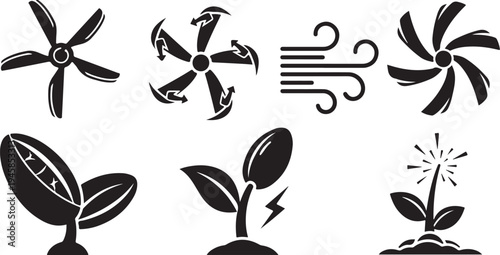 Black and white icons of fans and growing plants