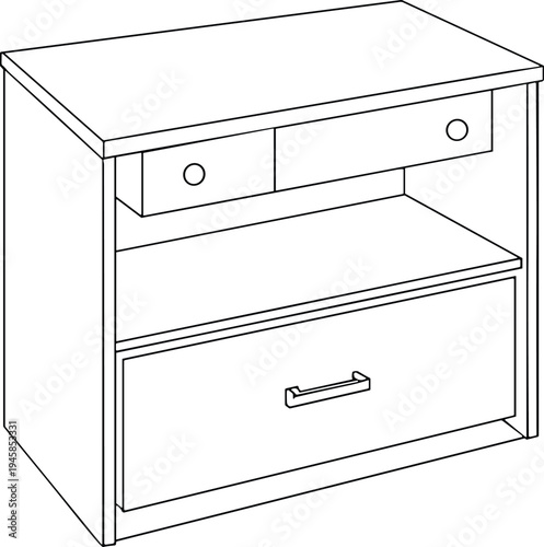 Minimalist wooden nightstand cabinet with two small drawers open shelf and large bottom drawer line art furniture illustration isolated on white background