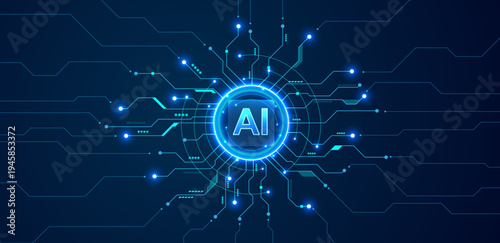 Artificial intelligence. AI semiconductor on a circuit board and electronic elements background	