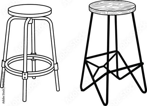 Industrial bar stool set vector illustration front and perspective view, modern metal frame furniture design with round wooden seat minimalist outline