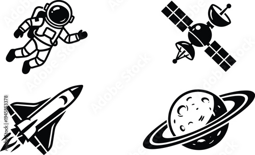 Astronaut satellite shuttle planet silhouette illustration design, space exploration artwork concept, cosmic travel theme, astronomy symbol, futuristic science graphic style image