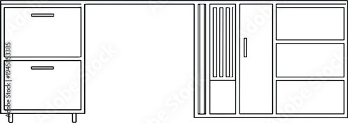 Modern kitchen cabinet and drawer storage furniture vector outline, minimal interior cupboard set with doors shelves kitchen organization line illustration