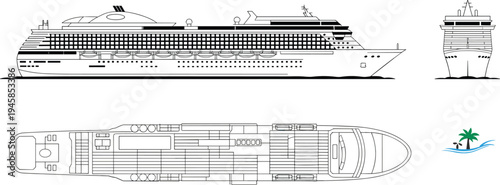 Cruise ship illustration set, luxury passenger ocean liner with front and top views isolated on white background, maritime vector