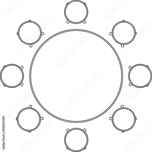 Top view round conference table with eight chairs vector floor plan outline, meeting room furniture layout, circular boardroom seating arrangement illustration minimalist line