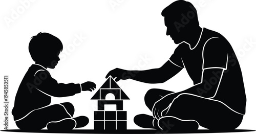 Black silhouette vector of a father and young son sitting on the floor playing with toy building blocks together at home