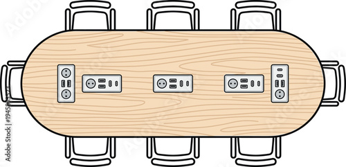 Top view wooden conference table with built in power outlets and surrounding chairs modern office meeting workspace furniture vector illustration for corporate boardroom