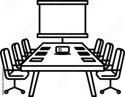 Modern conference meeting room line art illustration with boardroom table chairs projector screen and presentation setup minimalist office furniture outline design