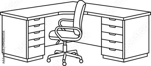 Modern L-shaped corner office desk with drawers and ergonomic swivel chair line art vector illustration for workspace furniture design or coloring book page