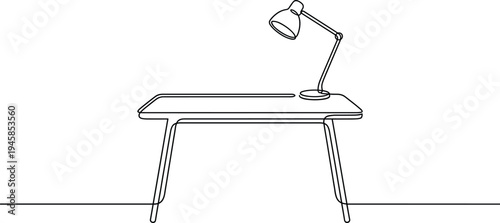 Minimalist line art workspace with modern desk and adjustable desk lamp simple home office furniture outline illustration isolated on light background design template