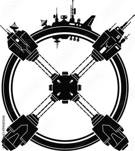 Black silhouette vector of a futuristic circular space station with docking ports, satellite antennas, and orbital modules for science fiction designs