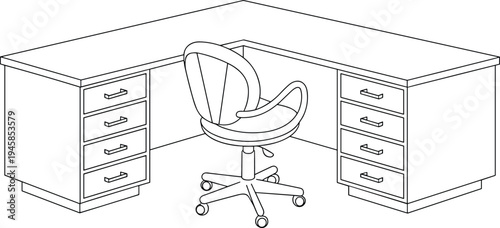 Corner office desk with drawers and swivel chair ergonomic workspace furniture vector line illustration modern workstation setup isolated on white background