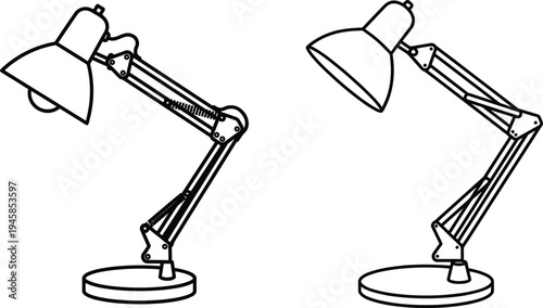 Adjustable desk lamp with articulated arm industrial table light vector line illustration modern office lighting equipment isolated on white background