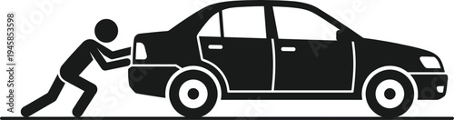 Black silhouette vector of a man pushing a broken down car on the road symbolizing vehicle breakdown, roadside assistance, and mechanical failure