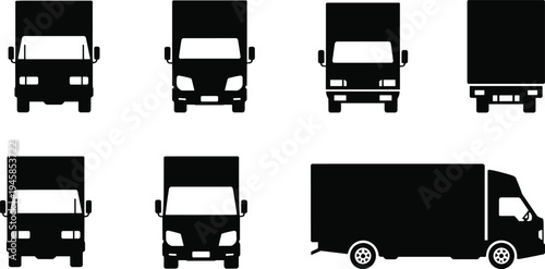 Delivery truck vector silhouette set, cargo transport vehicles front rear side views, commercial logistics transportation illustration design