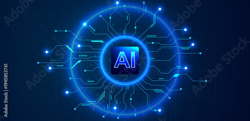 Artificial intelligence. AI semiconductor on a circuit board and electronic elements background	